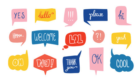 Abstract speech shapes. Modern doodle hand drawn vintage word art banner with lettering, communication chat cartoon labels. Vector graphic setのイラスト素材