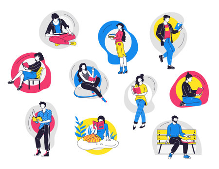 People read books. Cartoon trendy man and woman student characters reading, home learning and literature hobby. Vector modern leisure collectionのイラスト素材