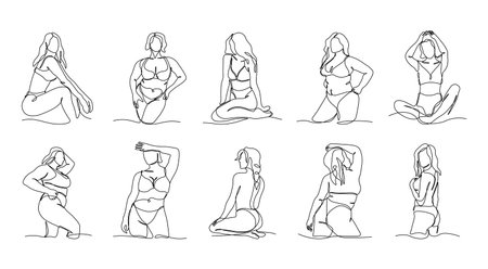 Diverse woman bodies. Continuous line contemporary female silhouette, hand drawn minimalistic girls underwear graphic. Vector setのイラスト素材