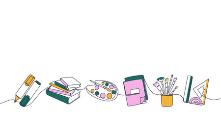 school stationery. Trendy continuous line marker stack of books palette copybook brushes and rulers. Vector school supplies in rowのイラスト素材
