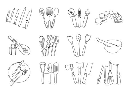 Line kitchen tools. Continuous line doodle cooking utensils, hand drawn plate knife dish and bowl graphic elements. Vector isolated monoline setのイラスト素材