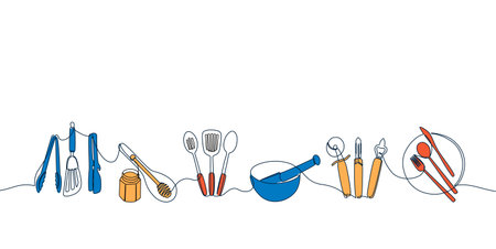 Line cooking cutlery. Hand drawn plate knife dish and bowl graphic elements, continuous line doodle cooking utensils. Vector colored line setのイラスト素材