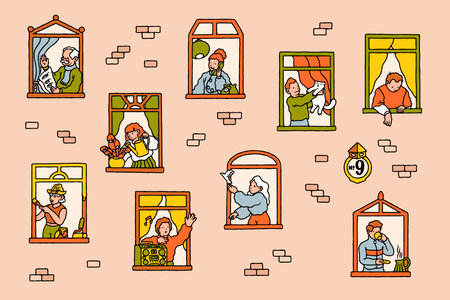 Neighbors in windows. Cartoon people communicating while staying at home. Vector illustrationのイラスト素材