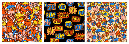 Psychedelic abstract pattern. Seamless print with comic cartoon characters and retro graphic shapes. Vector textureのイラスト素材