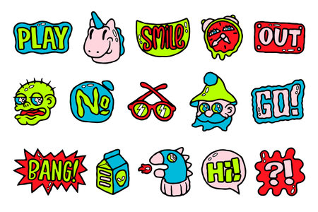 Abstract sticker. Cartoon psychedelic comic characters with funny faces, retro badges and sticker collection. Vector modern setのイラスト素材
