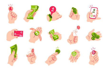 Hands with money. Minimalistic doodle hands holding coins cash money and paying with smartphone fitness tracker . Vector isolated setのイラスト素材