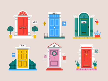 Abstract vintage doors. Entrance with door ring, house number and windows. Vector setのイラスト素材