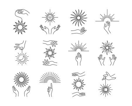 Line hands with suns. esoteric and astrology vintage elements, sun geometry outline graphic vector setのイラスト素材