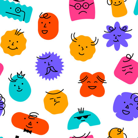 Abstract comic face pattern. Seamless print with geometric shapes characters with doodle faces. Vector textureのイラスト素材