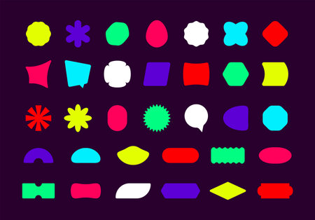 Sticker shapes. Patch element and modern abstract label, package stickers and comic message bubble. Vector setのイラスト素材