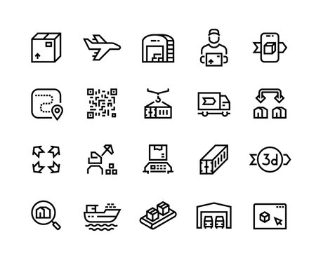 Logistic line icons. Outline cargo shipping loading transportation and delivery pictograms. Vector editable line stroke setのイラスト素材