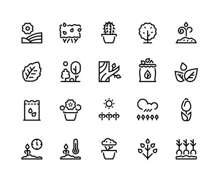 Plants line icons. Outline tulip tree package of seeds flowerpot bonsai tree stump flowers bushes. Vector editable line stroke setのイラスト素材