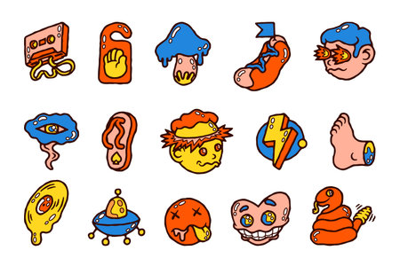 Cartoon comic sticker. Abstract psychedelic retro badges with pop art faces and funny characters. Vector stickers setのイラスト素材