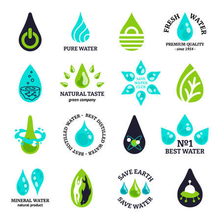 Water drop icon. Liquid splash and pure mineral water symbol, raindrop and cold mountain mineral aqua geometric sign. Vector abstract water emblem setのイラスト素材