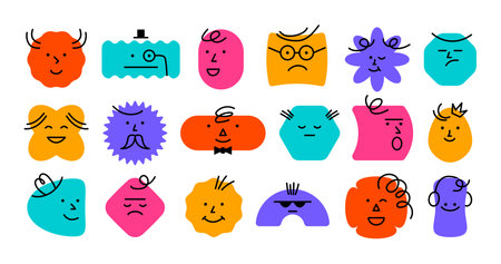 Abstract face. Happy doodle character icons, cartoon comic avatar, minimalistic emoji person. Vector setのイラスト素材