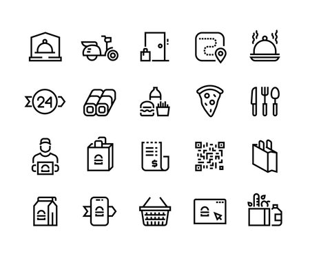 Food delivery line icons. Outline restaurant cafe and supermarket food order and delivery pictograms. Vector editable line stroke setのイラスト素材