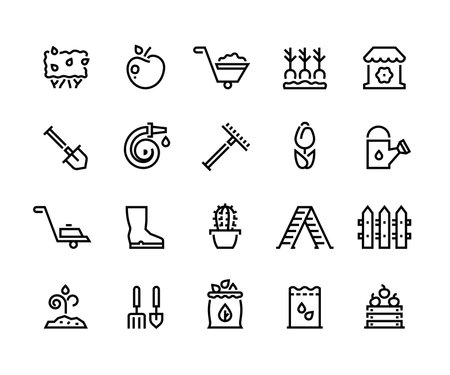 Seeding line icons. Outline gardening bushes ladder fence shovel bag of leaves and box of apples. Vector editable line stroke setのイラスト素材