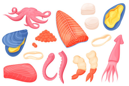 Seafood ingredients. Cartoon tuna fillet and steak, shrimps squid and octopus restaurant ingredients. Vector isolated setのイラスト素材