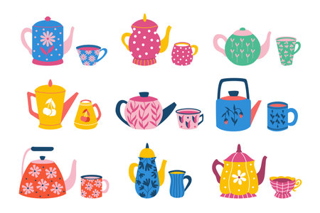tea cup and pot. Cute collection of cartoon mugs with coffee tea and with different teapot . Vector setのイラスト素材