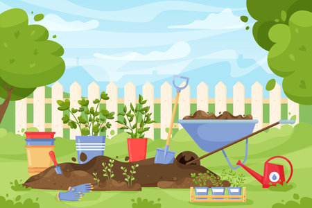 Garden landscape. Cartoon concept with spring and summer garden scene with tools and instruments for agriculture and soil work. Vector illustrationのイラスト素材