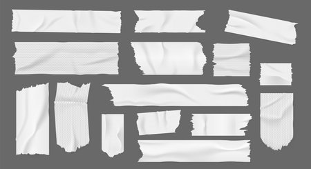 Adhesive tape. Realistic sticky paper strips with torn edges folds and crease, white piece, duct tape and sticker. Vector isolated setのイラスト素材