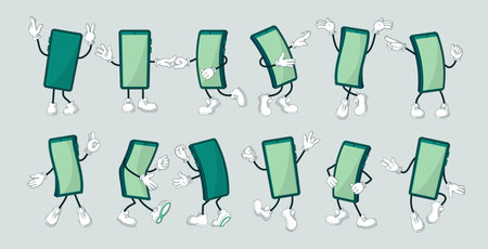 Cartoon phone character. Vector screen body smartphone mascot person with pop art hands and legs. Vector isolated setのイラスト素材