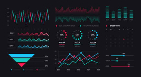 Dashboard interface. Modern admin application design, business performance data analytics software . Vector graphs and chartsのイラスト素材