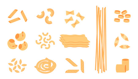Spaghetti noodle. Cartoon Italian raw pasta food graphic template for restaurant menu and advertising, spaghetti . Vector setのイラスト素材