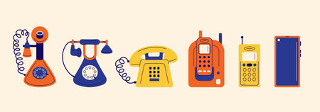Phone evolution. concept of phones from vintage telephones with number pad dials and headsets to modern smartphones. Vector setのイラスト素材