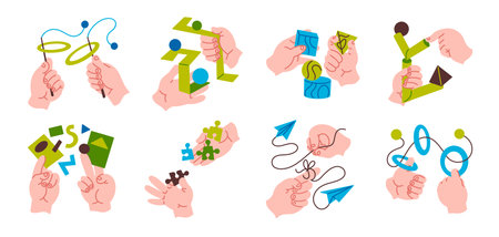 Hand with puzzles. Cartoon teamwork concept with human hands holding and working with abstract geometric objects. Vector data analytics and problem solving conceptのイラスト素材