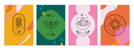 symbol posters. Abstract line esoteric astrology banners with mystery line emblems. Vector setのイラスト素材