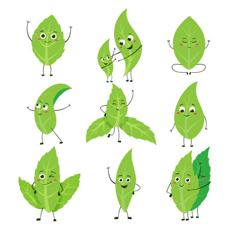 Green leaves character. Cartoon tea peppermint and tree leaf mascot with cute smiling face. Vector green leaf setのイラスト素材