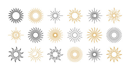 Magic and mystic sun and star ancient line symbols, meditation elements. Vector setのイラスト素材