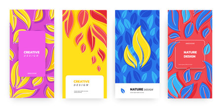 Posters with leaves. Background and banners with green tree leaves in frames and patterns, vintage minimalistic floral ornament. Vector setのイラスト素材