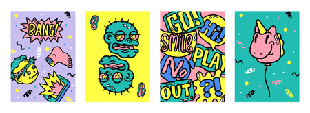 Abstract sticker posters. Cartoon banners with psychedelic elements and objects with funny faces. Vector retro graphic designのイラスト素材