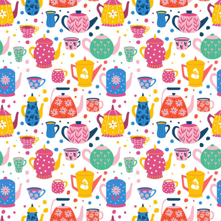 Doodle cups pattern. Seamless print with cartoon mugs of coffee tea and beverages. Vector texture with cup collectionのイラスト素材