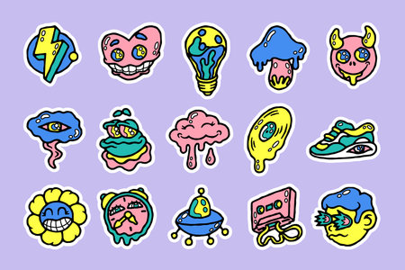 Abstract doodle sticker. Cartoon psychedelic comic characters and objects with funny faces. Vector retro stickers setのイラスト素材