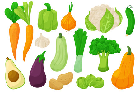 Vegetable food. Cartoon organic vegan products, carrots, peppers, onions, zucchini, eggplant, potatoes, cucumber, avocado. Vector isolated setのイラスト素材