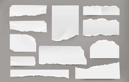 Realistic torn pages. Piece of white blank ripped notebook page and paper sheet, notepad and scrapbook pieces with grunge edges. Vector setのイラスト素材