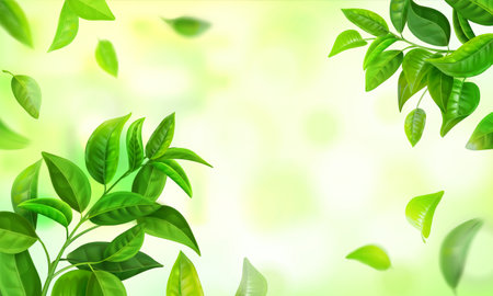 Realistic branches background. Green forest tree leaves growing on branch, summer banner framing. Vector nature brochureのイラスト素材