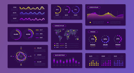Dashboard data infographic. UI kit for website admin panel with graphs charts and progress bars, business data interface. Vector presentationのイラスト素材
