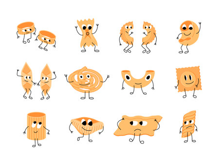 Pasta cartoon characters. Cute wheat food mascots with happy faces, hands and legs for restaurant menu. Vector comic smiling healthy setのイラスト素材