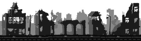 Ruined city silhouette. Black apocalyptic city skyline with destroyed and dilapidated buildings. Vector illustrationのイラスト素材