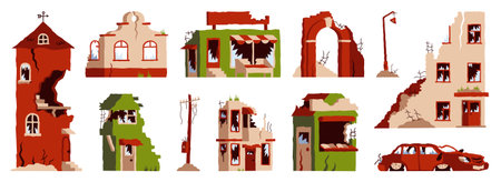 Buildings after earthquake. Cartoon ruined and abandoned city, collapsed and broken houses and property. Vector dilapidated buildings setのイラスト素材
