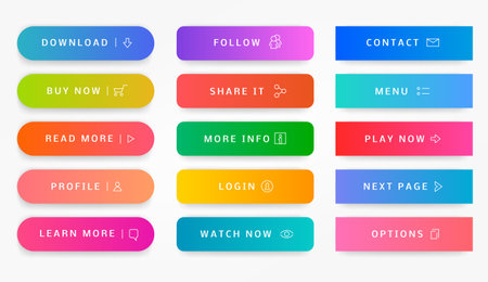 Action button. Webpage interaction element, modern app banner, call now, read more, download, upload, buy now, log in, submit. Vector buttons setのイラスト素材