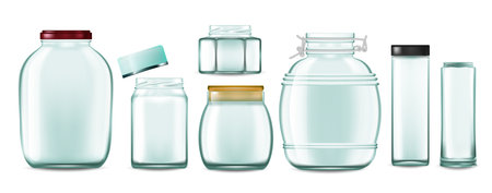 Glass jar. Realistic transparent container for food and drinks with cap. Vector empty jars setのイラスト素材