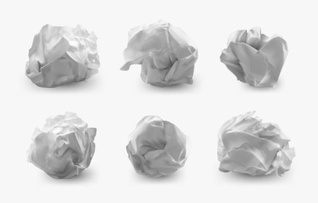 Crumpled paper. Realistic paper trash ball, crinkled and wrinkled rough balls. Vector paper garbage setのイラスト素材