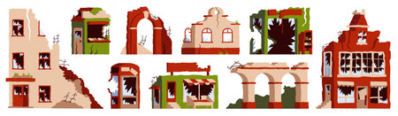 Ruined building. Cartoon collapsed broken and abandoned city constructions, destroyed houses and property. Vector isolated setのイラスト素材
