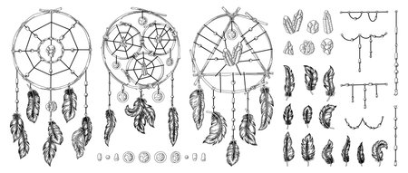 Dreamcatcher. Vintage sketch with native American tribal symbol with feathers and ornaments. Vector setのイラスト素材