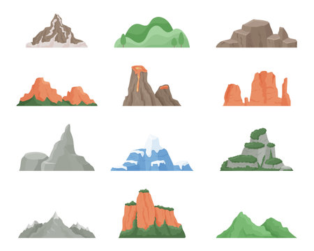 mountains. Cartoon dessert rock and snowy cliff landscape element. Vector isolated setのイラスト素材